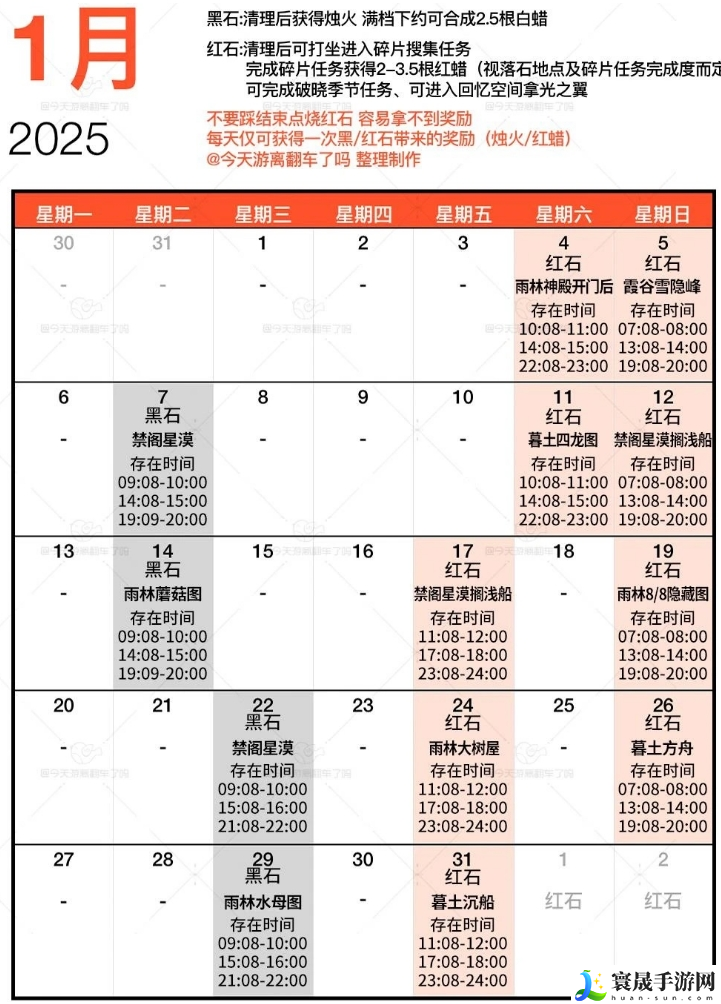 光遇2025年1月红石掉落时间是什么时候-2025年1月红石掉落时间表